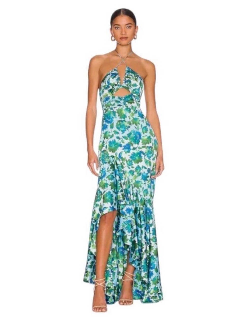 Amur Edie Floral Ruffle Cascade Halter Maxi Dress